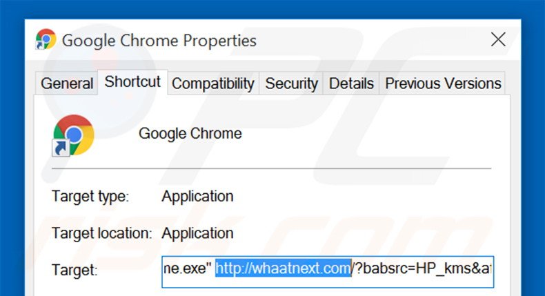 Removing whaatnext.com from Google Chrome shortcut target step 2