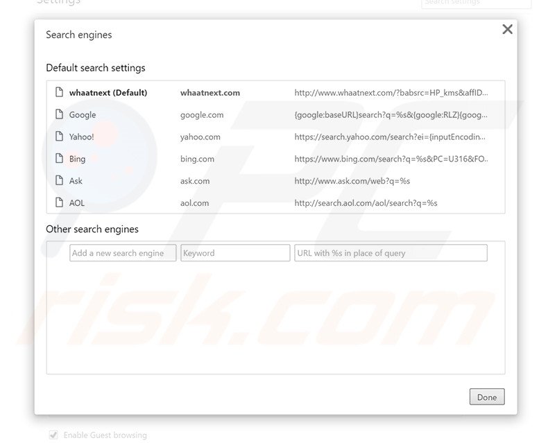 Removing whaatnext.com from Google Chrome default search engine