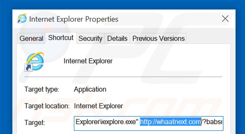 Removing whaatnext.com from Internet Explorer shortcut target step 2