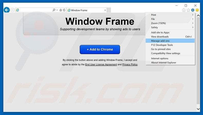 Removing Window Frame ads from Internet Explorer step 1