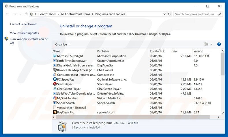 Window Frame adware uninstall via Control Panel