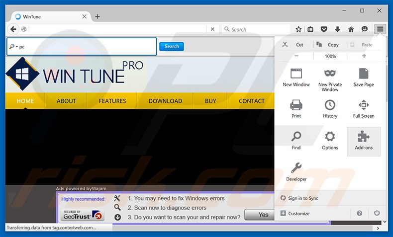 Removing Win Tune Pro ads from Mozilla Firefox step 1