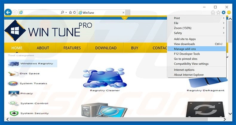 Removing Win Tune Pro ads from Internet Explorer step 1