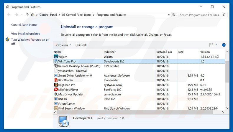 Win Tune Pro adware uninstall via Control Panel