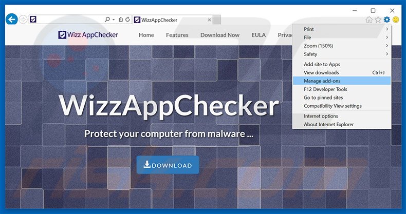 Removing WizzAppChecker ads from Internet Explorer step 1