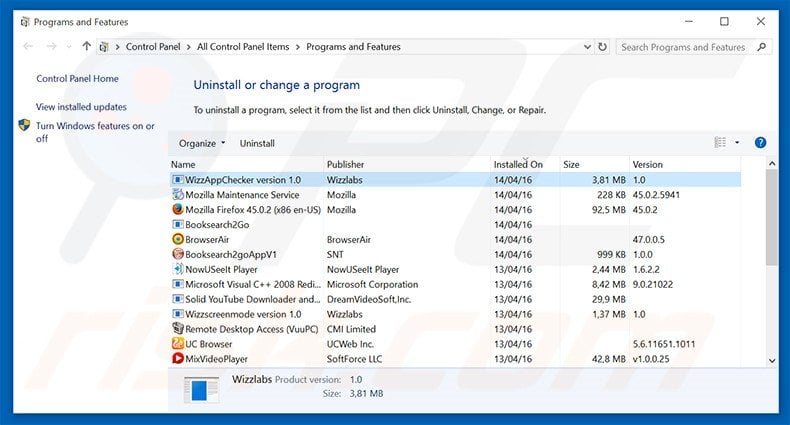 WizzAppChecker adware uninstall via Control Panel