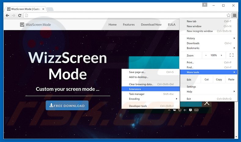 Removing WizzScreen  ads from Google Chrome step 1