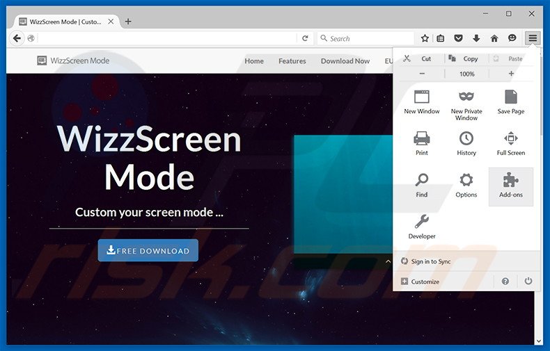 Removing WizzScreen ads from Mozilla Firefox step 1