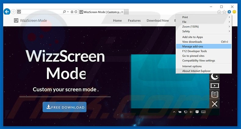 Removing WizzScreen ads from Internet Explorer step 1