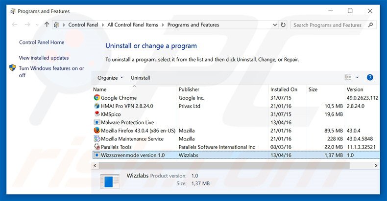 WizzScreen adware uninstall via Control Panel