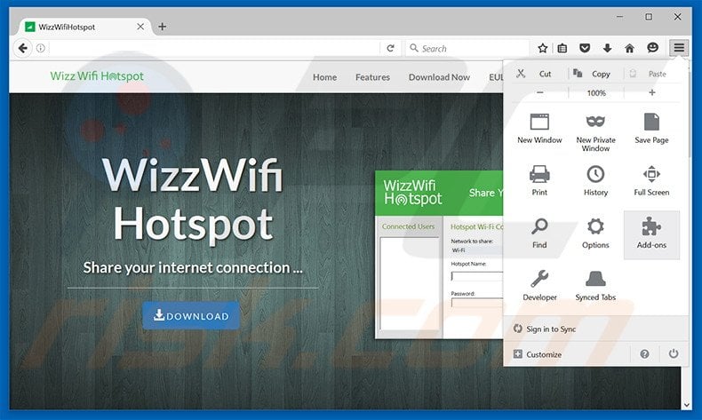 Removing WizzWifi Hotspot ads from Mozilla Firefox step 1