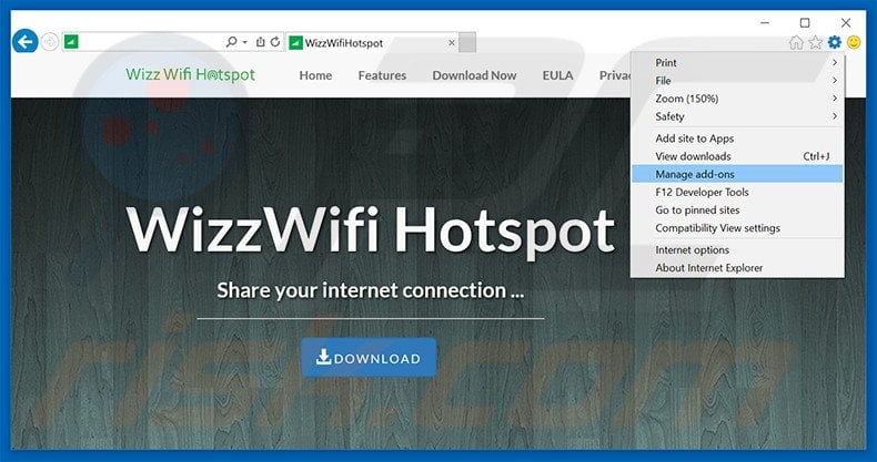 Removing WizzWifi Hotspot ads from Internet Explorer step 1