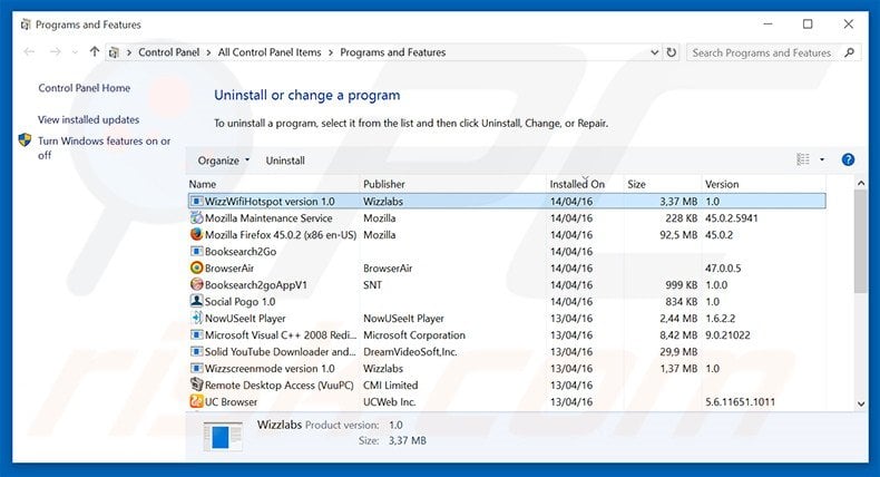 WizzWifi Hotspot adware uninstall via Control Panel