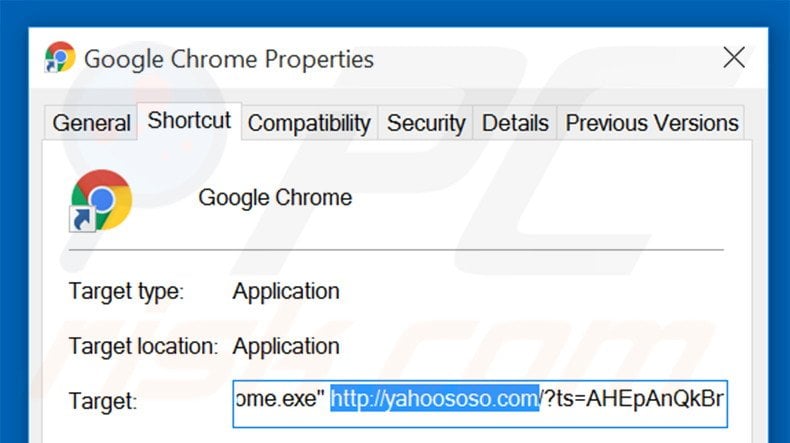 Removing yahoososo.com from Google Chrome shortcut target step 2