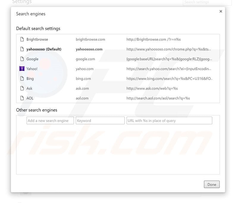 Removing yahoososo.com from Google Chrome default search engine