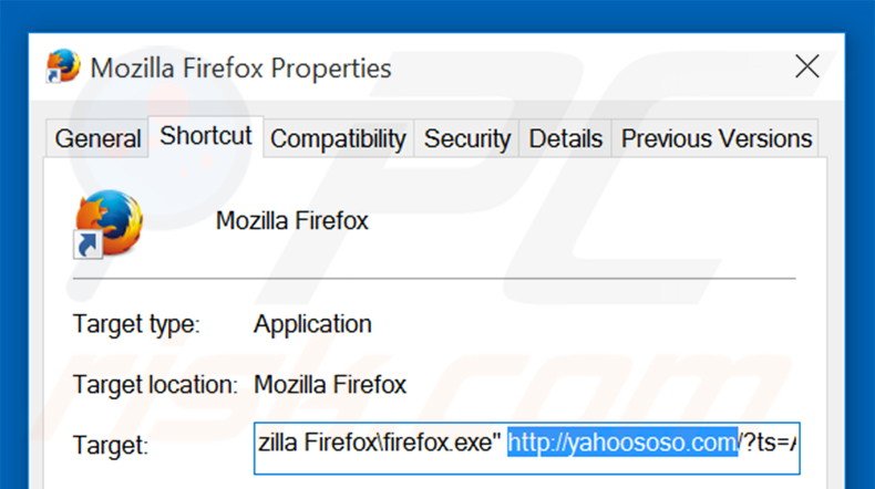 Removing yahoososo.com from Mozilla Firefox shortcut target step 2