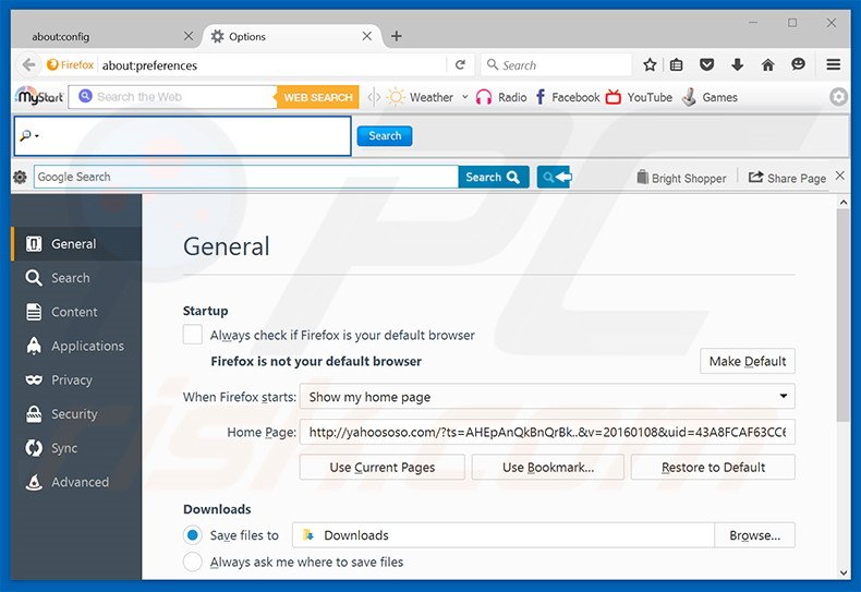 Removing yahoososo.com from Mozilla Firefox homepage