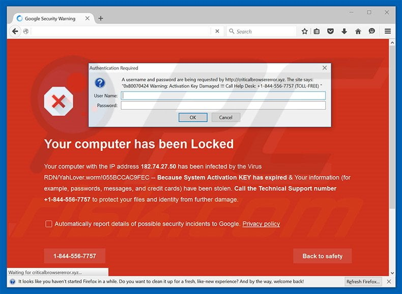 YOUR COMPUTER HAS BEEN BLOCKED scam variant 2 part 1
