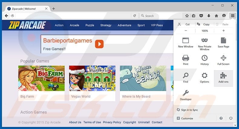Removing ZipArcade ads from Mozilla Firefox step 1