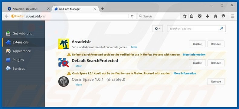 Removing ZipArcade ads from Mozilla Firefox step 2