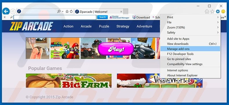 Removing ZipArcade ads from Internet Explorer step 1