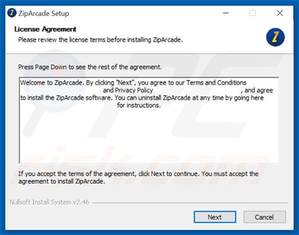 Official ZipArcade adware installation setup