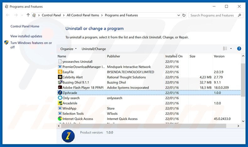 ZipArcade adware uninstall via Control Panel