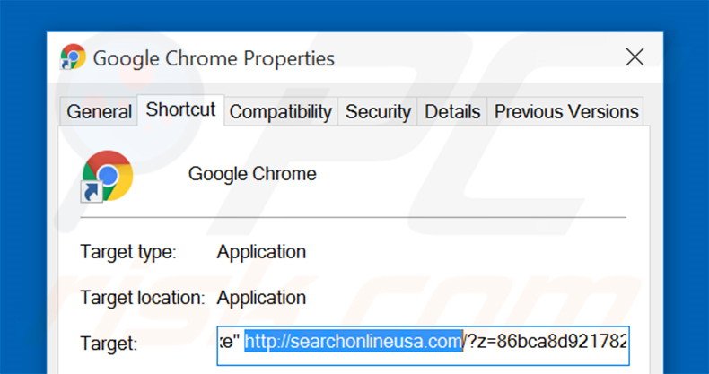 Removing searchonlineusa.com from Google Chrome shortcut target step 2