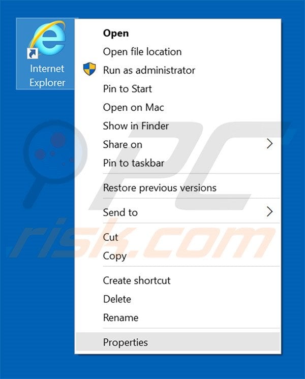 Removing amisites.com from Internet Explorer shortcut target step 1