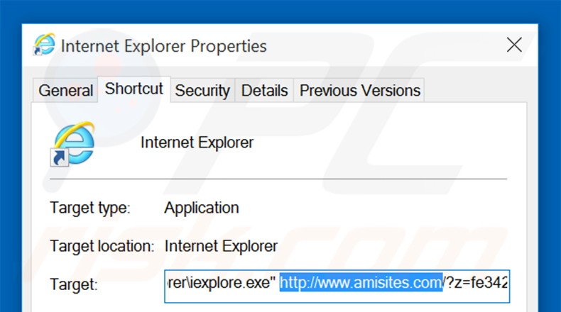 Removing amisites.com from Internet Explorer shortcut target step 2
