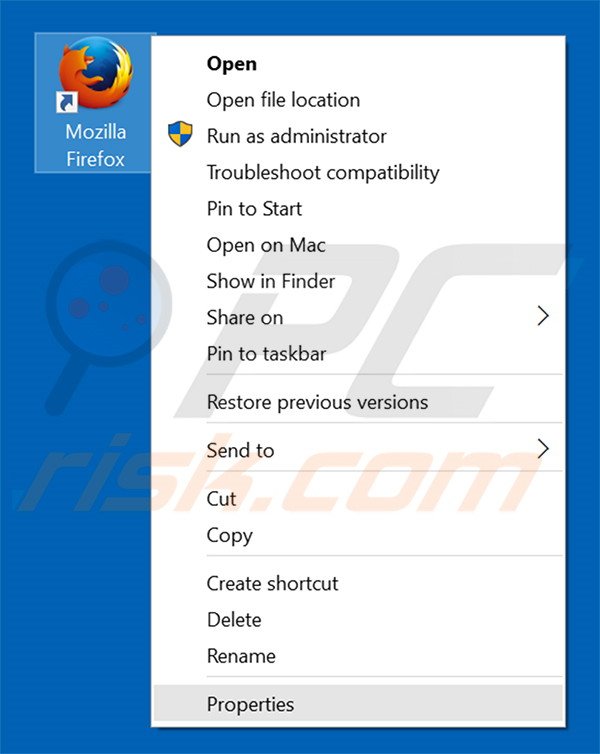 Removing aqovd.com from Mozilla Firefox shortcut target step 1