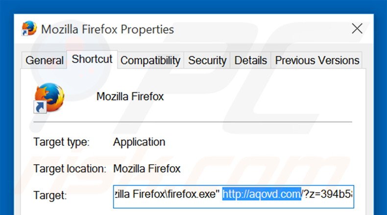 Removing aqovd.com from Mozilla Firefox shortcut target step 2