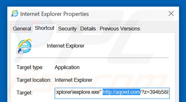 Removing aqovd.com from Internet Explorer shortcut target step 2