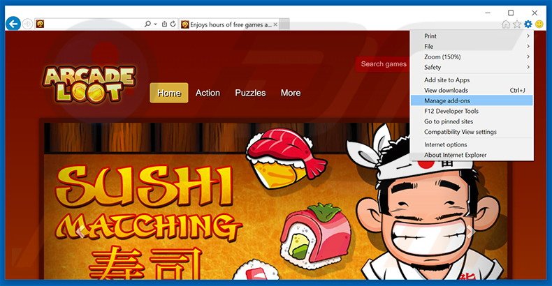 Removing ArcadeLoot ads from Internet Explorer step 1