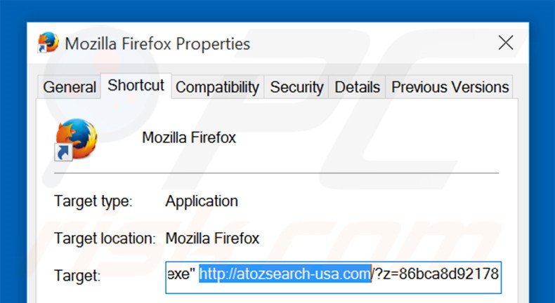 Removing atozsearch-usa.com from Mozilla Firefox shortcut target step 2