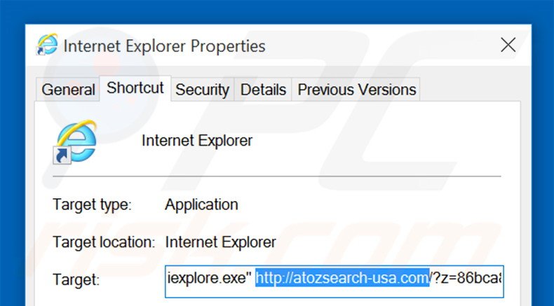 Removing atozsearch-usa.com from Internet Explorer shortcut target step 2