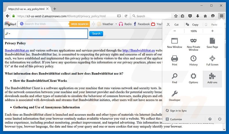 Removing BandwidthStat ads from Mozilla Firefox step 1