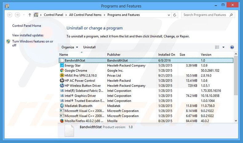 BandwidthStat adware uninstall via Control Panel