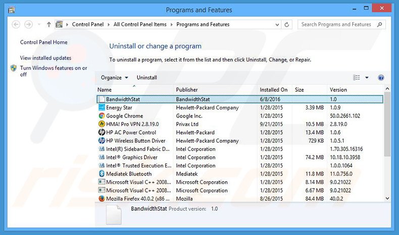BandwidthStat adware uninstall via Control Panel