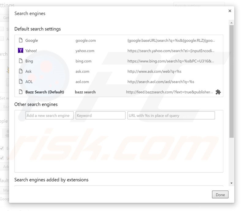 Removing bazzsearch.com from Google Chrome default search engine