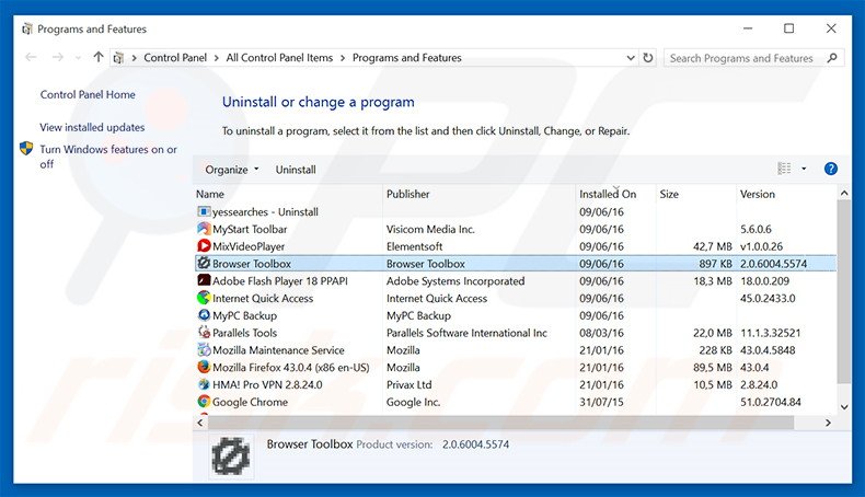 Browser Toolbox adware uninstall via Control Panel