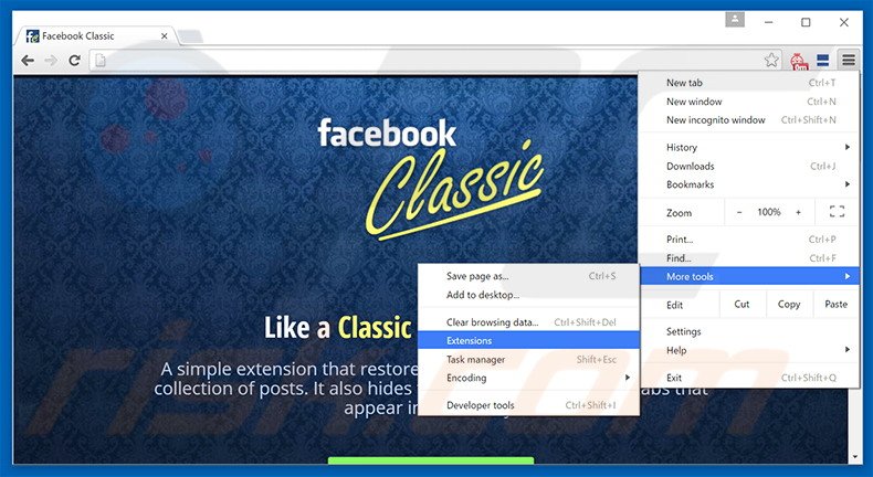 Removing Classic For Facebook  ads from Google Chrome step 1