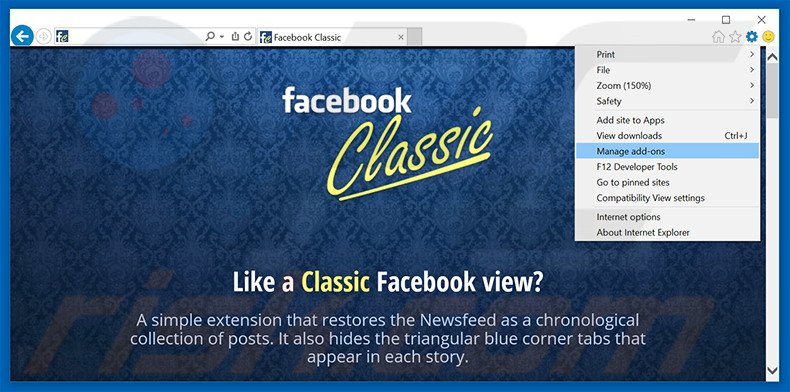 Removing Classic For Facebook ads from Internet Explorer step 1