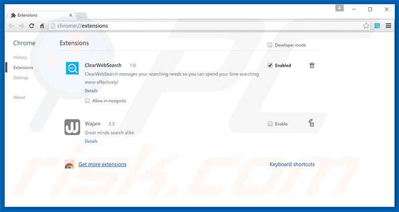 Removing home.clearwebsearch.net related Google Chrome extensions