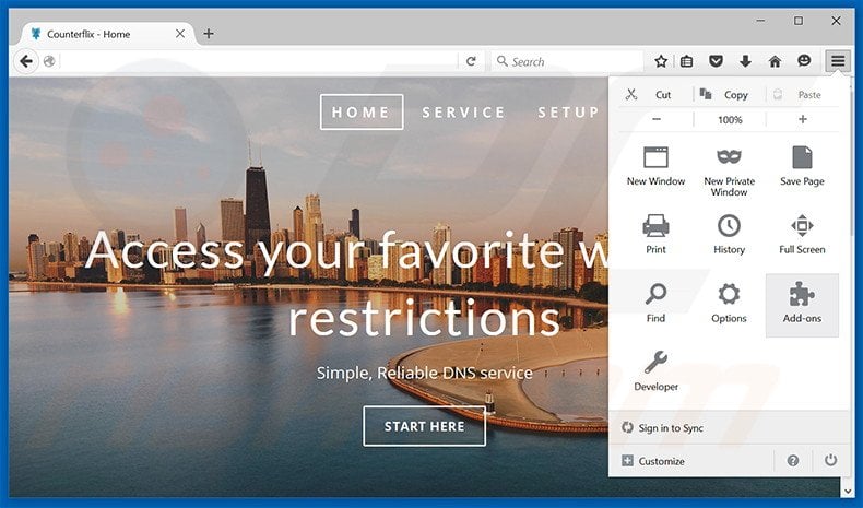 Removing Counterflix ads from Mozilla Firefox step 1
