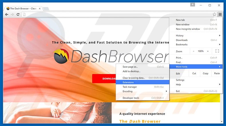 Removing Dash Browser  ads from Google Chrome step 1
