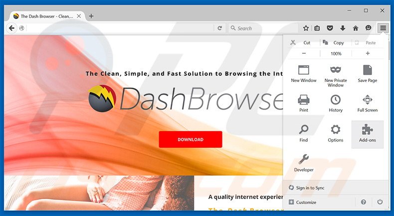 Removing Dash Browser ads from Mozilla Firefox step 1