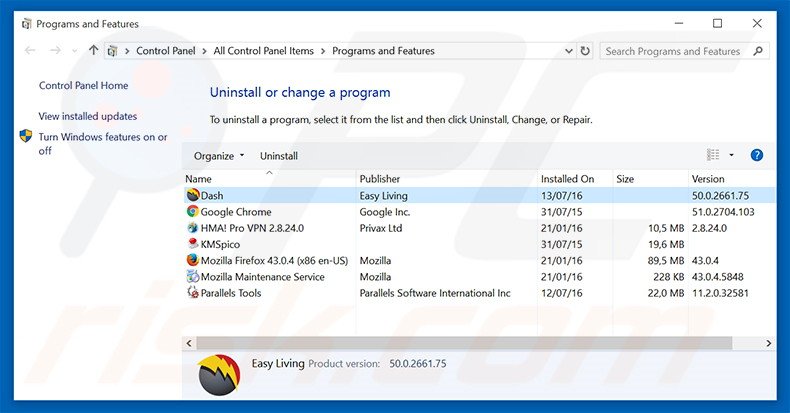 Dash Browser adware uninstall via Control Panel