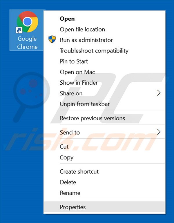 Removing destructsrv.com from Google Chrome shortcut target step 1