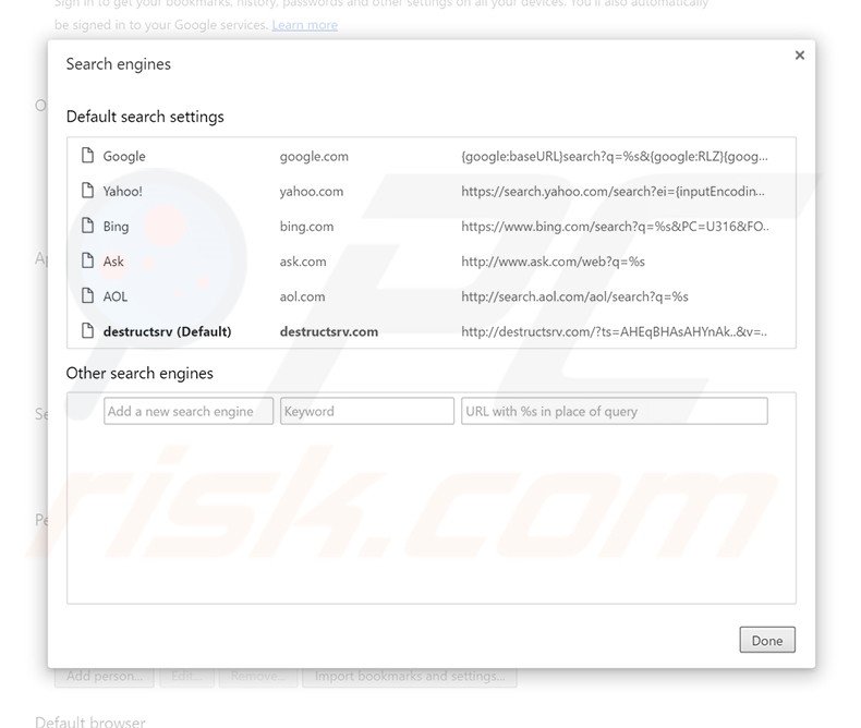 Removing destructsrv.com from Google Chrome default search engine